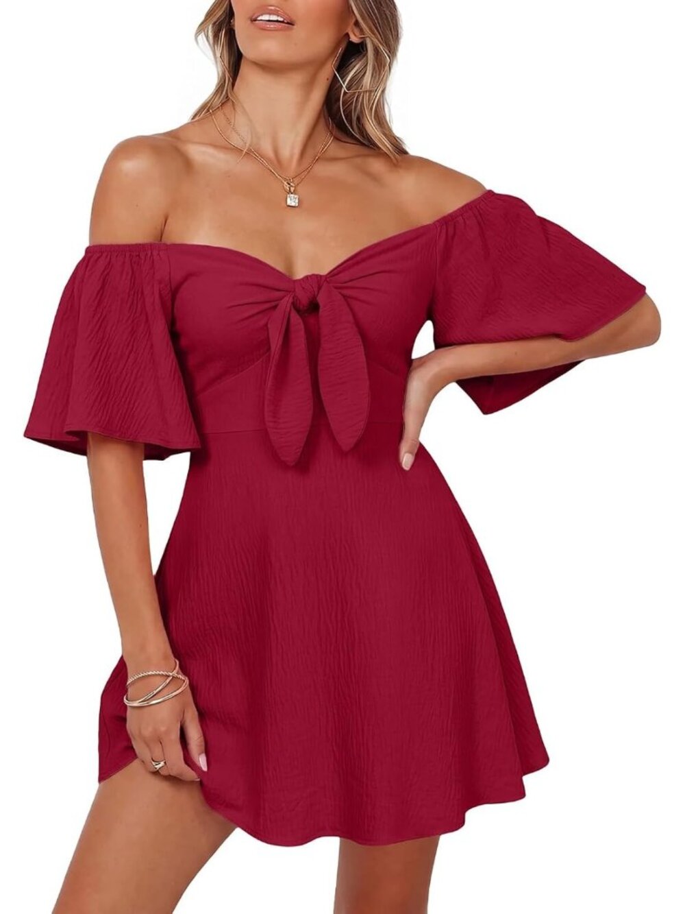 Women's Burgundy Summer Deep Short Sleeve V Neck Elegant Bow Tie Mini Dresses
